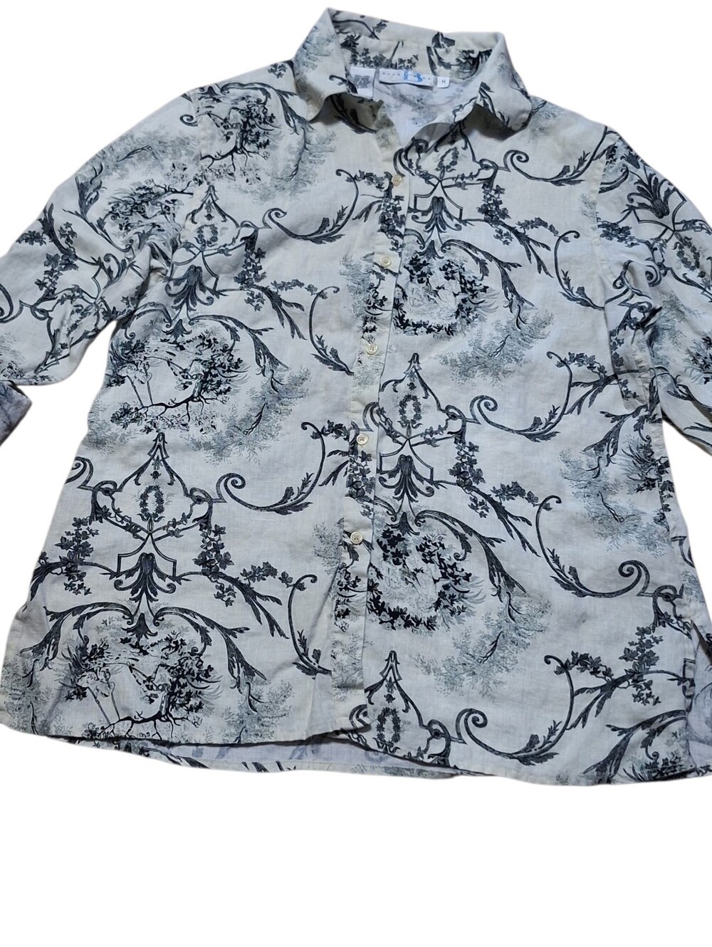 Womens M Floral 100% Linen Beachy resort vacation tunic top Button Up Roll Tab